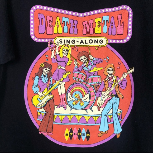 STEVEN RHODES Black Graphic Tee Death Metal Sing Along Spencers Unisex Size L - Picture 3 of 9